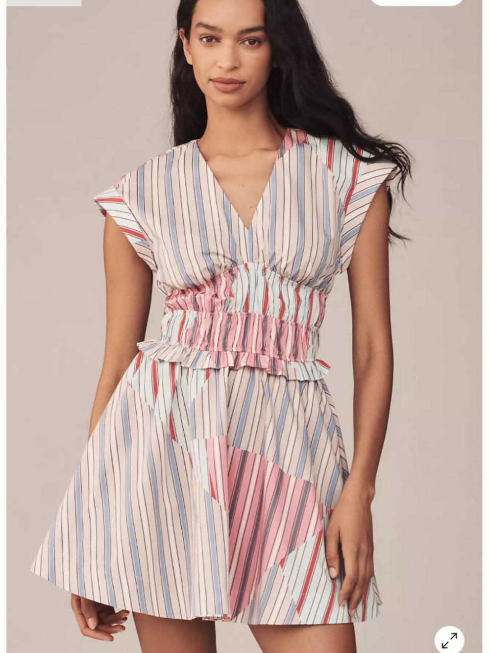 Striped V-Neck Smocked Waist Mini Dress in Multi-Color